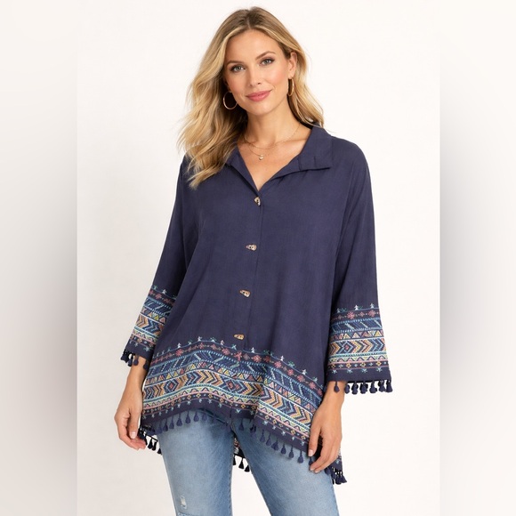 John Mark Tops - John Mark Embroidered Tassel Hem Button Front Blouse Navy 0X Plus Sz Boho Aztec